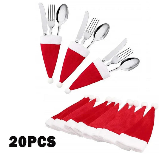 Merry Christmas Decorations 2024 Christmas Tableware Bag Holder Christmas Hat Fork Knife Cutlery Bag Christmas Decor for Home