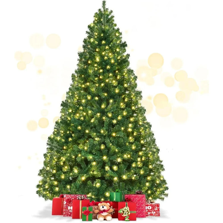 7ft Prelit Christmas Tree, Indoor Xmas Tree w/ 1096 PVC Branch, Pre-Strung 300 Warm White LED Lights & Metal Hinge,Easy Set Up,