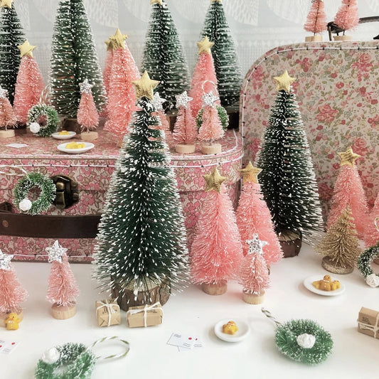 8PCS Christmas Mini Trees Mix Size Fake Glitter Trees For Xmas Home Table Decor Ornaments Noel Party Desktop Decorations