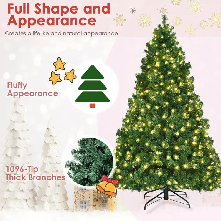 7ft Prelit Christmas Tree, Indoor Xmas Tree w/ 1096 PVC Branch, Pre-Strung 300 Warm White LED Lights & Metal Hinge,Easy Set Up,