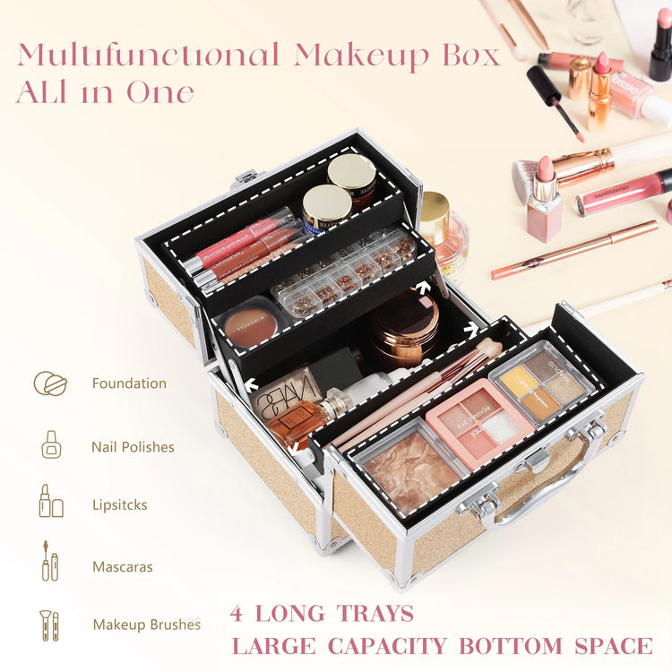 Portable Makeup Box Lock Mermaid Alloy Cosmetic Case with 4 Trays Girl's Jewelry Nail Hair Accessory Storage Organizer Suitcase