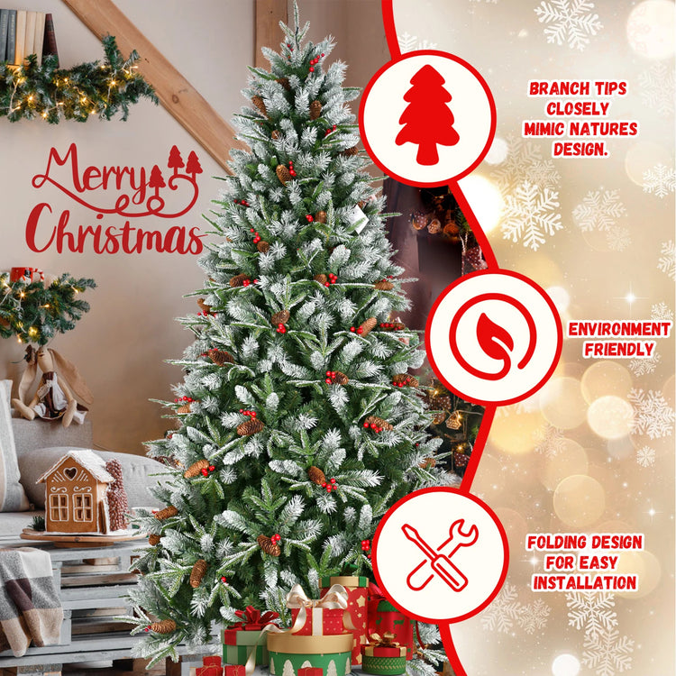 4/5/6FT PVC+PE Artificial Christmas Tree with White Needles Pine Cones Berry Decor Premium Xmas Tree with Stand for Home