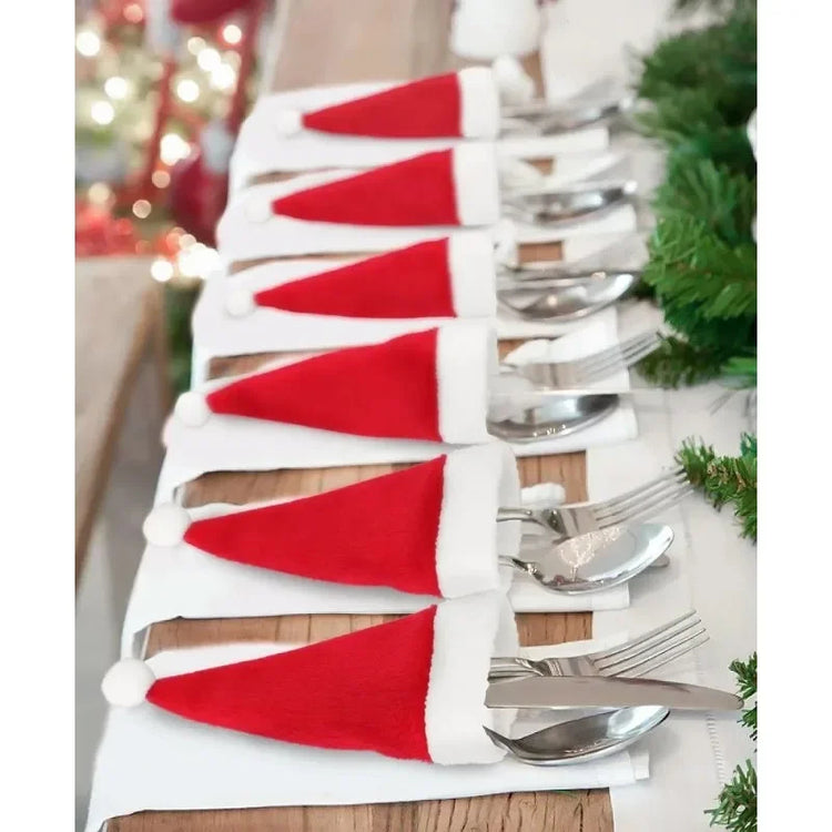 Merry Christmas Decorations 2024 Christmas Tableware Bag Holder Christmas Hat Fork Knife Cutlery Bag Christmas Decor for Home