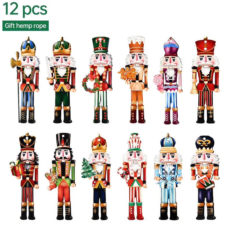 12Pcs Nutcracker Soldier Wooden Pendant Xmas Tree Hanging Ornament 2024 Christmas Decoration for Home Navidad 2025 New Year Gift