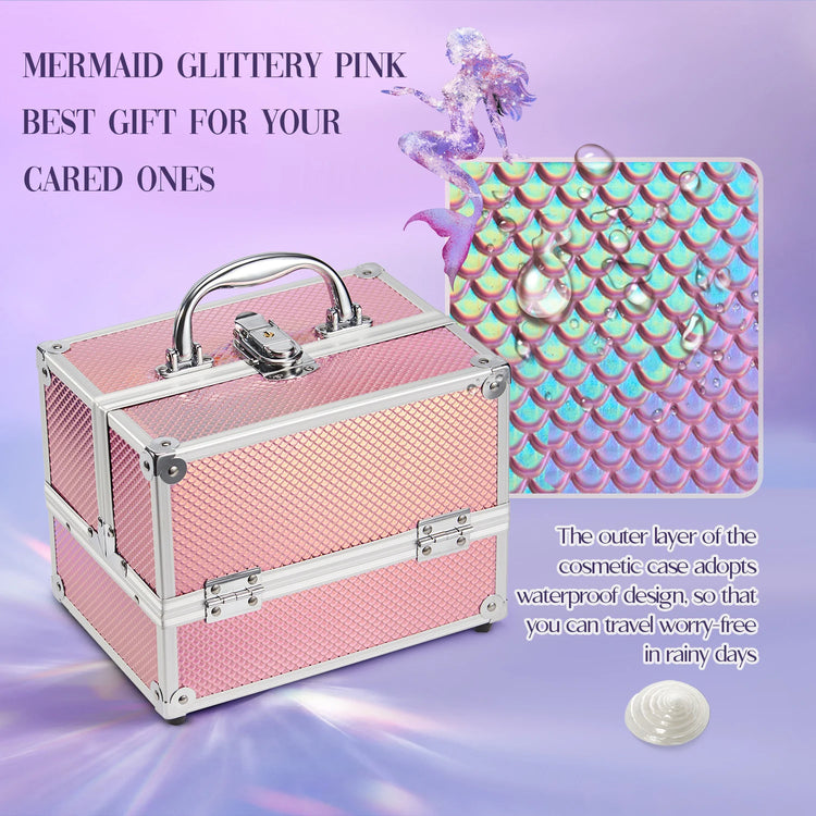 Portable Makeup Box Lock Mermaid Alloy Cosmetic Case with 4 Trays Girl's Jewelry Nail Hair Accessory Storage Organizer Suitcase