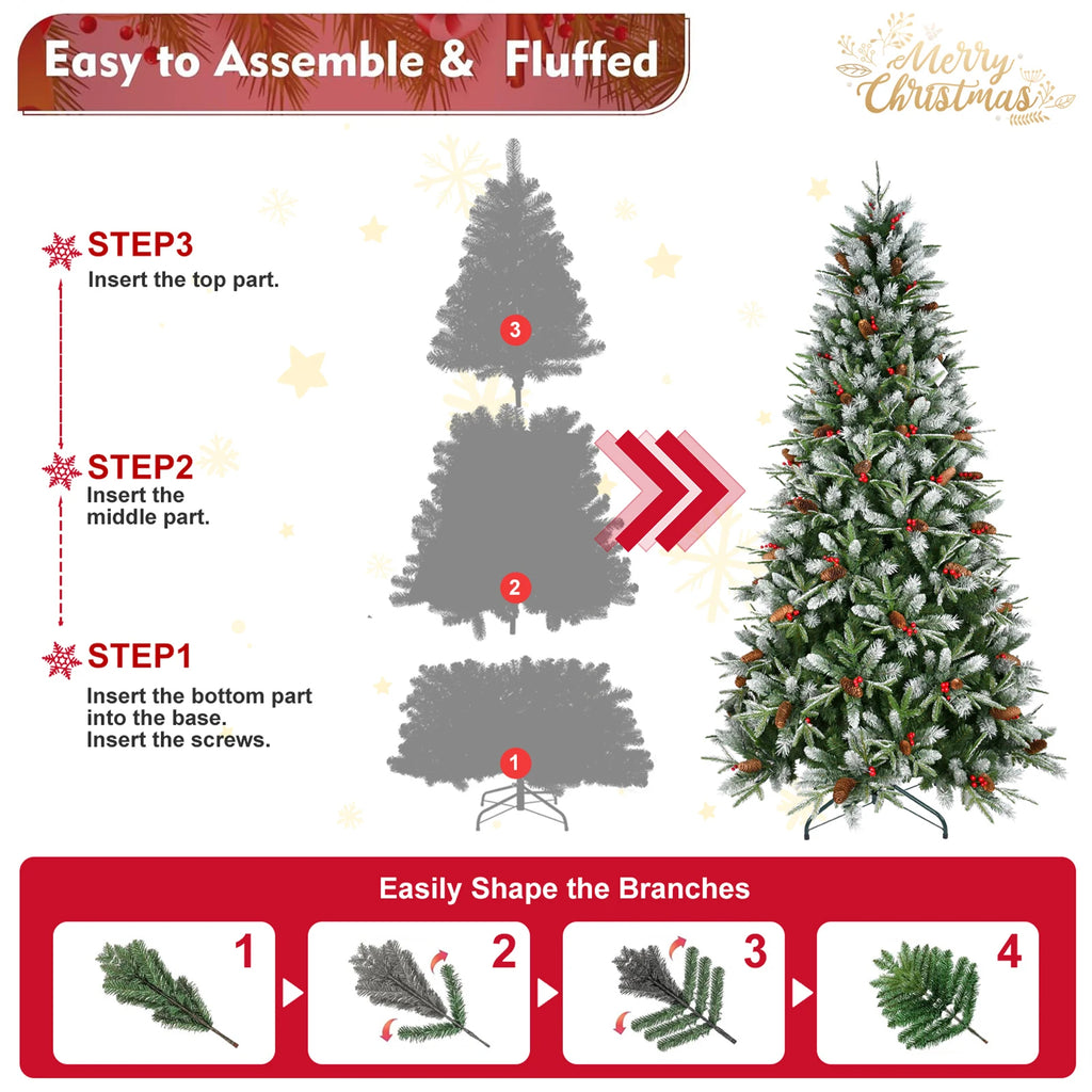 4/5/6FT PVC+PE Artificial Christmas Tree with White Needles Pine Cones Berry Decor Premium Xmas Tree with Stand for Home