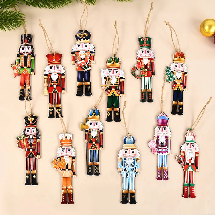 12Pcs Nutcracker Soldier Wooden Pendant Xmas Tree Hanging Ornament 2024 Christmas Decoration for Home Navidad 2025 New Year Gift