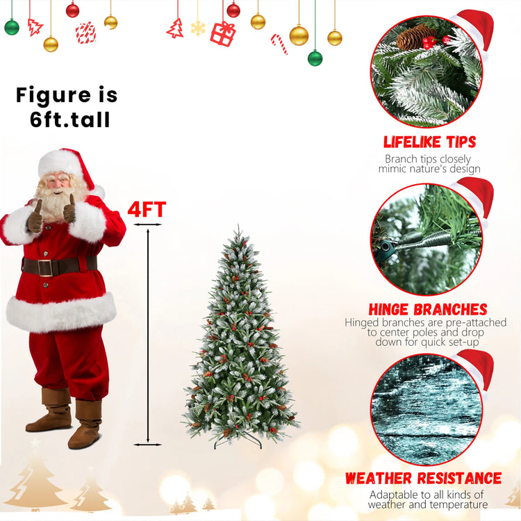 4/5/6FT PVC+PE Artificial Christmas Tree with White Needles Pine Cones Berry Decor Premium Xmas Tree with Stand for Home