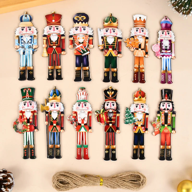 12Pcs Nutcracker Soldier Wooden Pendant Xmas Tree Hanging Ornament 2024 Christmas Decoration for Home Navidad 2025 New Year Gift