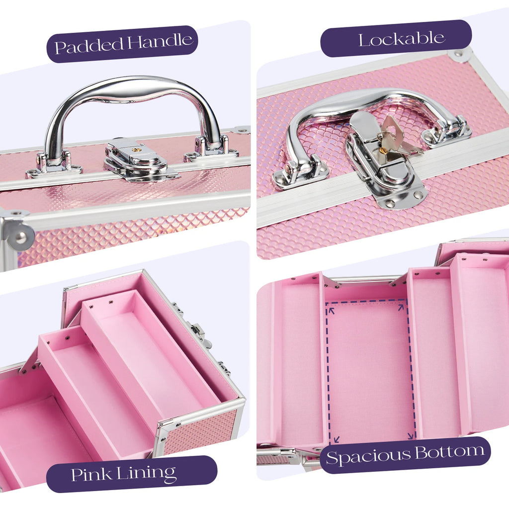 Portable Makeup Box Lock Mermaid Alloy Cosmetic Case with 4 Trays Girl's Jewelry Nail Hair Accessory Storage Organizer Suitcase