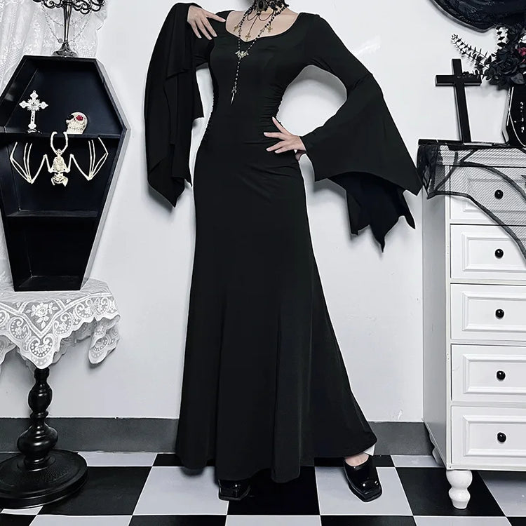 Halloween Gothic Vintage Dress Women Square Neck Patchwork Spider Web Flare Sleeves Cosplay Long Party Dress