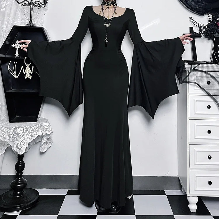 Halloween Gothic Vintage Dress Women Square Neck Patchwork Spider Web Flare Sleeves Cosplay Long Party Dress