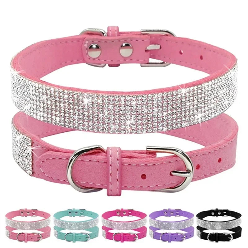 Suede Fiber Crystal Dog Collar Comfortable Glitter Rhinestone Dog Collars Zinc Alloy Buckle Collar for Small Dogs Cats XS-L