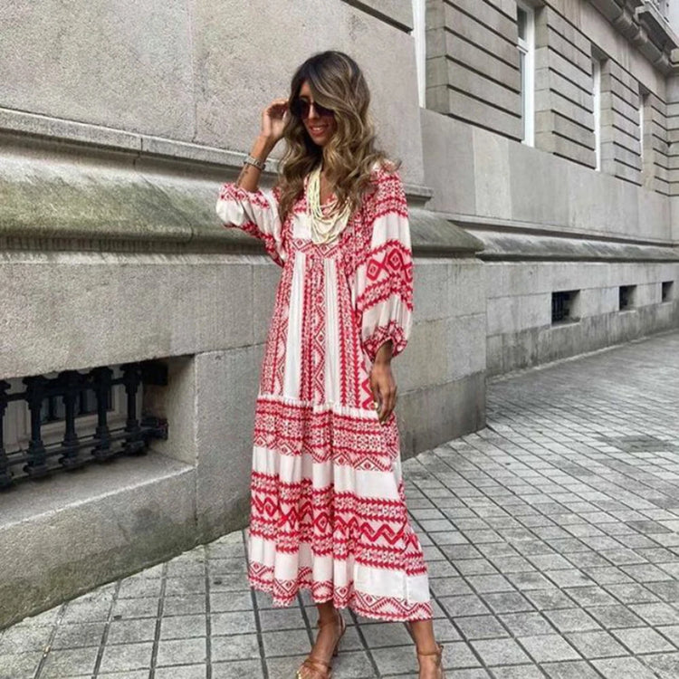 Women Puff Sleeve Boho Maxi Dress Vintage Elegant Fashion Casual Print  Floral V-Neck Loose Ladies Holiday Beach Party Vestidos