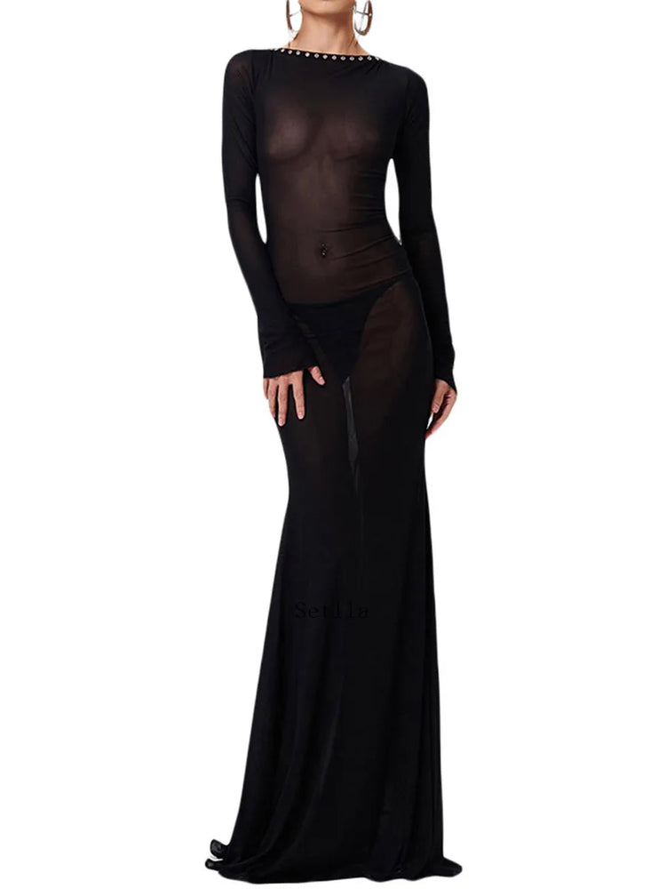 Women See Through Bodycon Long Dress Long Sleeve Mesh Sheer Maxi Dress Cross Tie Up Backless Club Party Dress Maxi Dress