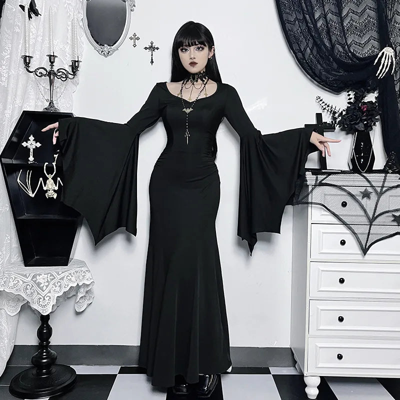 Halloween Gothic Vintage Dress Women Square Neck Patchwork Spider Web Flare Sleeves Cosplay Long Party Dress