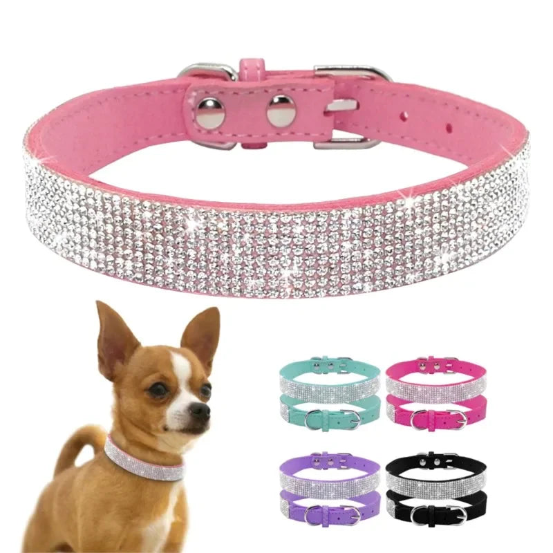 Suede Fiber Crystal Dog Collar Comfortable Glitter Rhinestone Dog Collars Zinc Alloy Buckle Collar for Small Dogs Cats XS-L