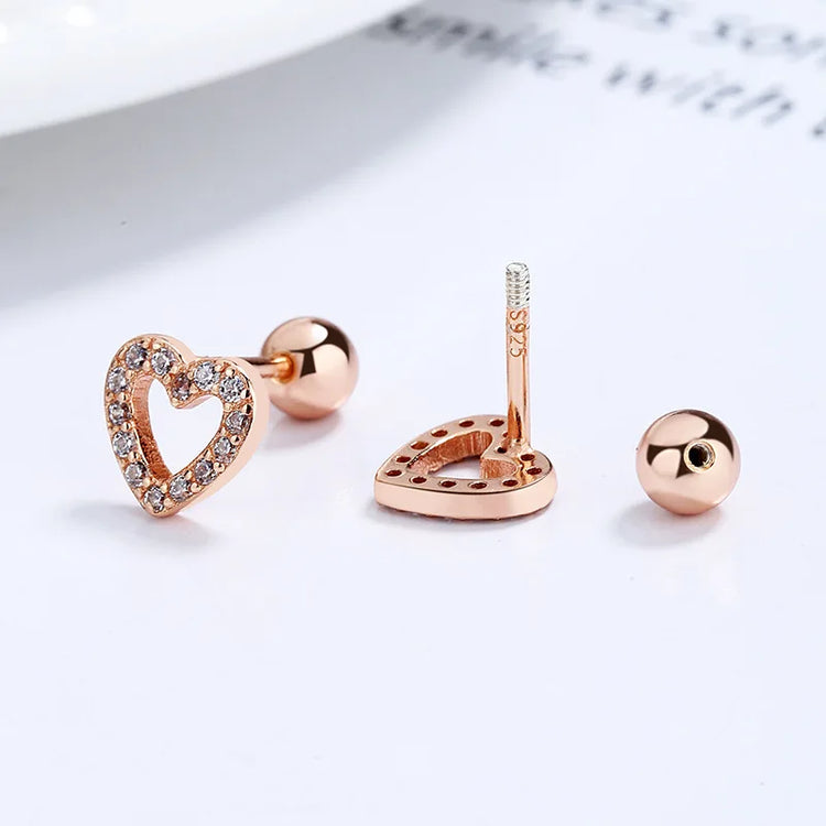 Real 925 Sterling Silver Romantic Heart Shiny CZ Beads Screw Stud Earrings For Women Wedding Fine Jewelry Gift DA2249