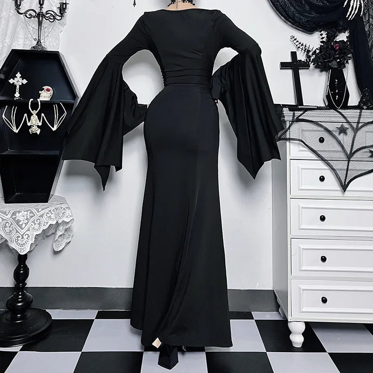 Halloween Gothic Vintage Dress Women Square Neck Patchwork Spider Web Flare Sleeves Cosplay Long Party Dress