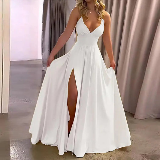 Women's Prom Dress Off Shoulder Low Cut V Neck Backless Sleeveless Solid Color Bodycon Evening Gown Party Maxi Dress