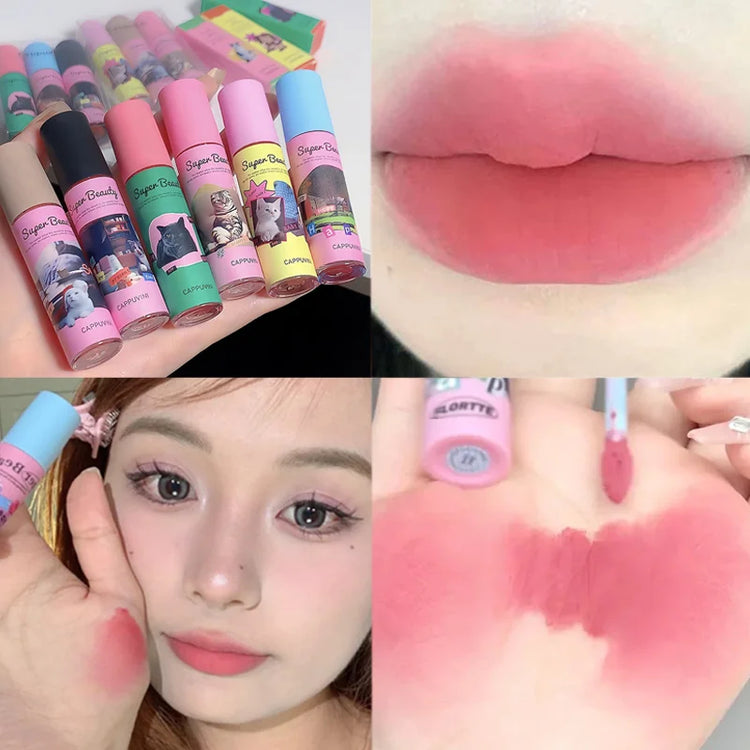 9 Colors Creamy Texture Lip Gloss Waterproof Velvet Cute Cat Milk Cake Matte Lip Mud Mist Liquid Lipstick Girls Makeup Cosmetics