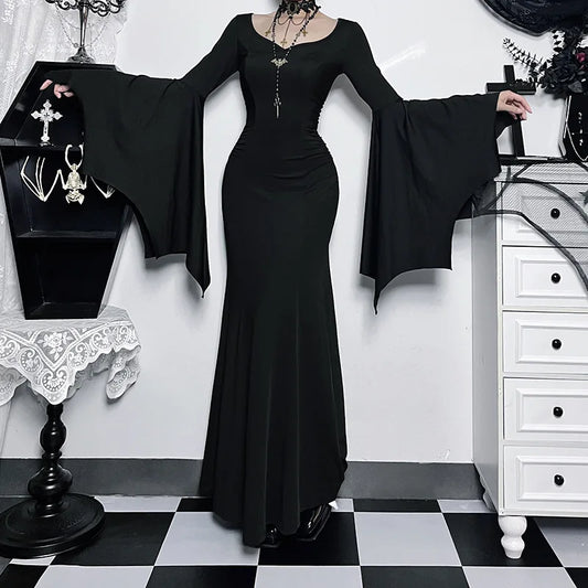 Halloween Gothic Vintage Dress Women Square Neck Patchwork Spider Web Flare Sleeves Cosplay Long Party Dress