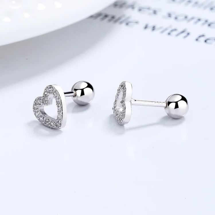 Real 925 Sterling Silver Romantic Heart Shiny CZ Beads Screw Stud Earrings For Women Wedding Fine Jewelry Gift DA2249