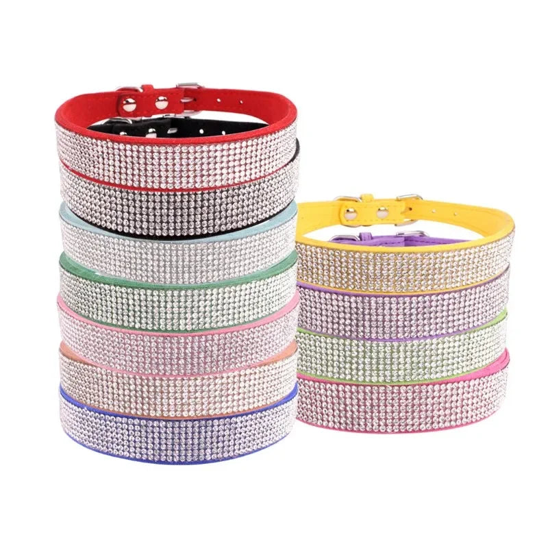 Suede Fiber Crystal Dog Collar Comfortable Glitter Rhinestone Dog Collars Zinc Alloy Buckle Collar for Small Dogs Cats XS-L