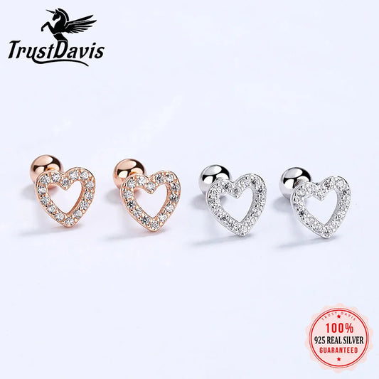 Real 925 Sterling Silver Romantic Heart Shiny CZ Beads Screw Stud Earrings For Women Wedding Fine Jewelry Gift DA2249