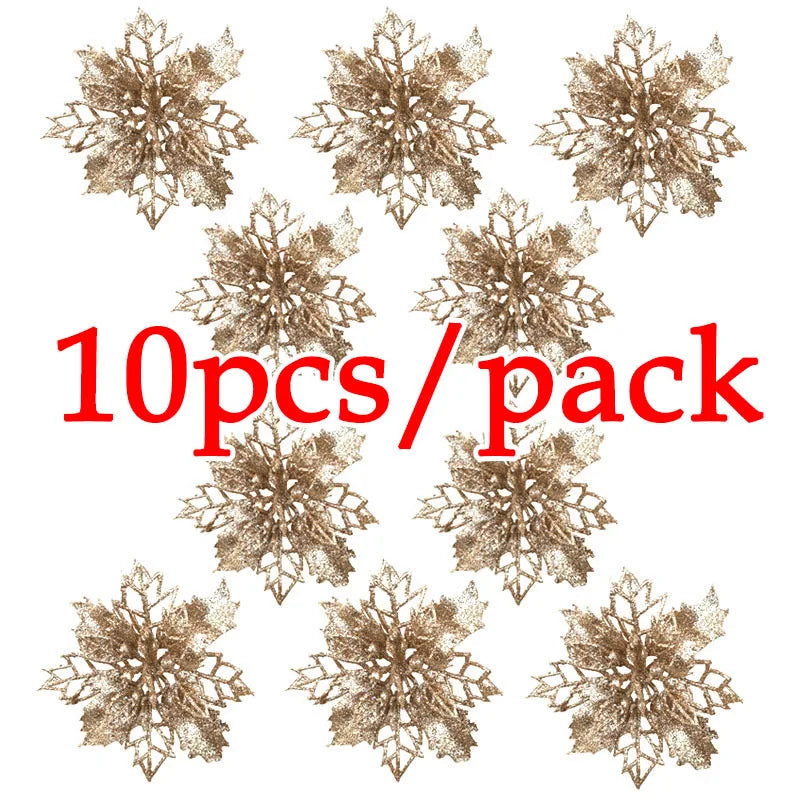 (10pcs) Artificial Christmas Tree Flower Glitter Decorations Xmas Ornaments New Year Gift