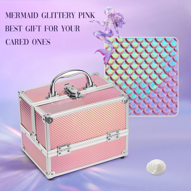 Portable Makeup Box Lock Mermaid Alloy Cosmetic Case with 4 Trays Girl's Jewelry Nail Hair Accessory Storage Organizer Suitcase