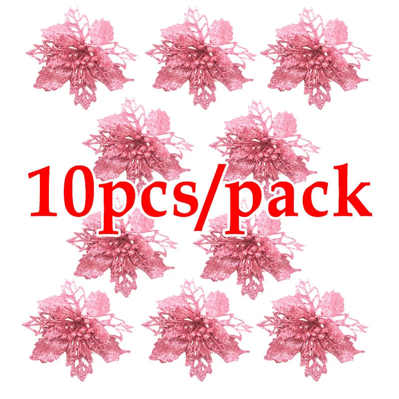 (10pcs) Artificial Christmas Tree Flower Glitter Decorations Xmas Ornaments New Year Gift