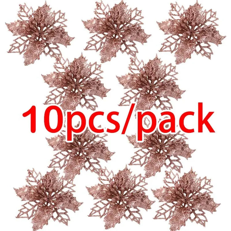 (10pcs) Artificial Christmas Tree Flower Glitter Decorations Xmas Ornaments New Year Gift