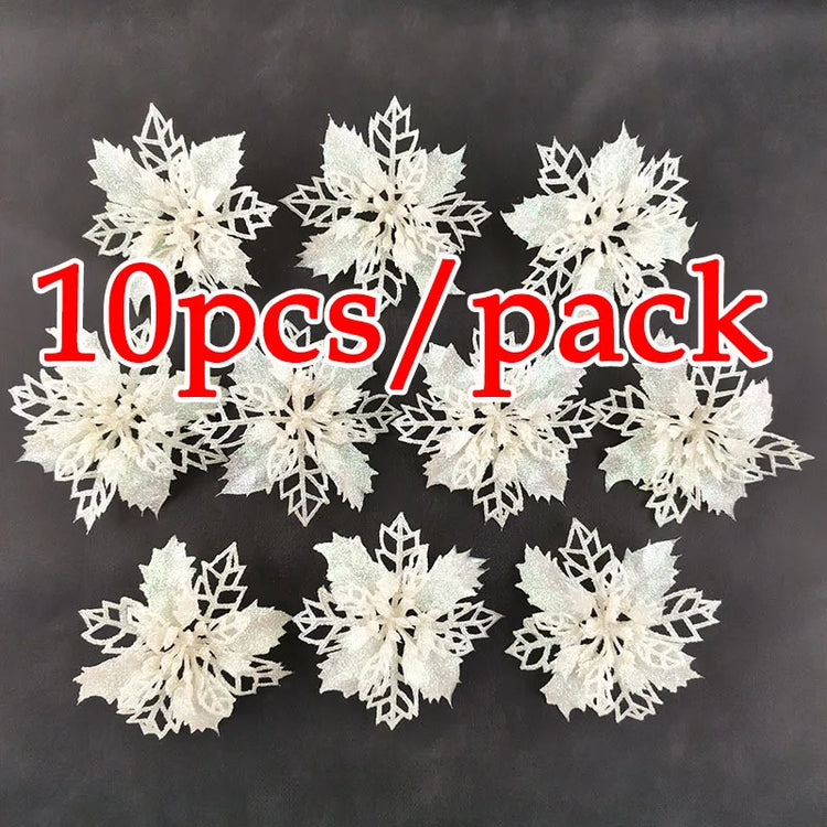 (10pcs) Artificial Christmas Tree Flower Glitter Decorations Xmas Ornaments New Year Gift